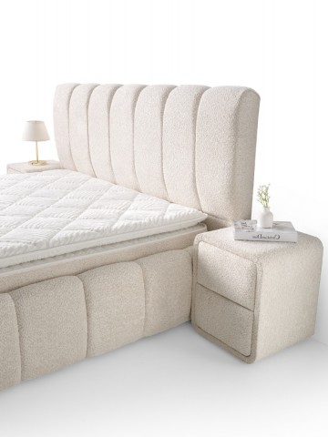 Boxspring japandi opbergbed  luxe zachte stof licht creme hoofdbord
