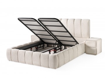 Boxspring japandi opbergbed  luxe zachte stof licht creme openbakken