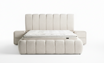 Boxspring japandi opbergbed  luxe zachte stof licht creme voorkant