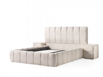 Boxspring japandi opbergbed  luxe zachte stof licht creme zonder matras