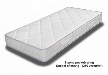 Pocketvering matras lila 255 cm  9 zone sg30 comfort
